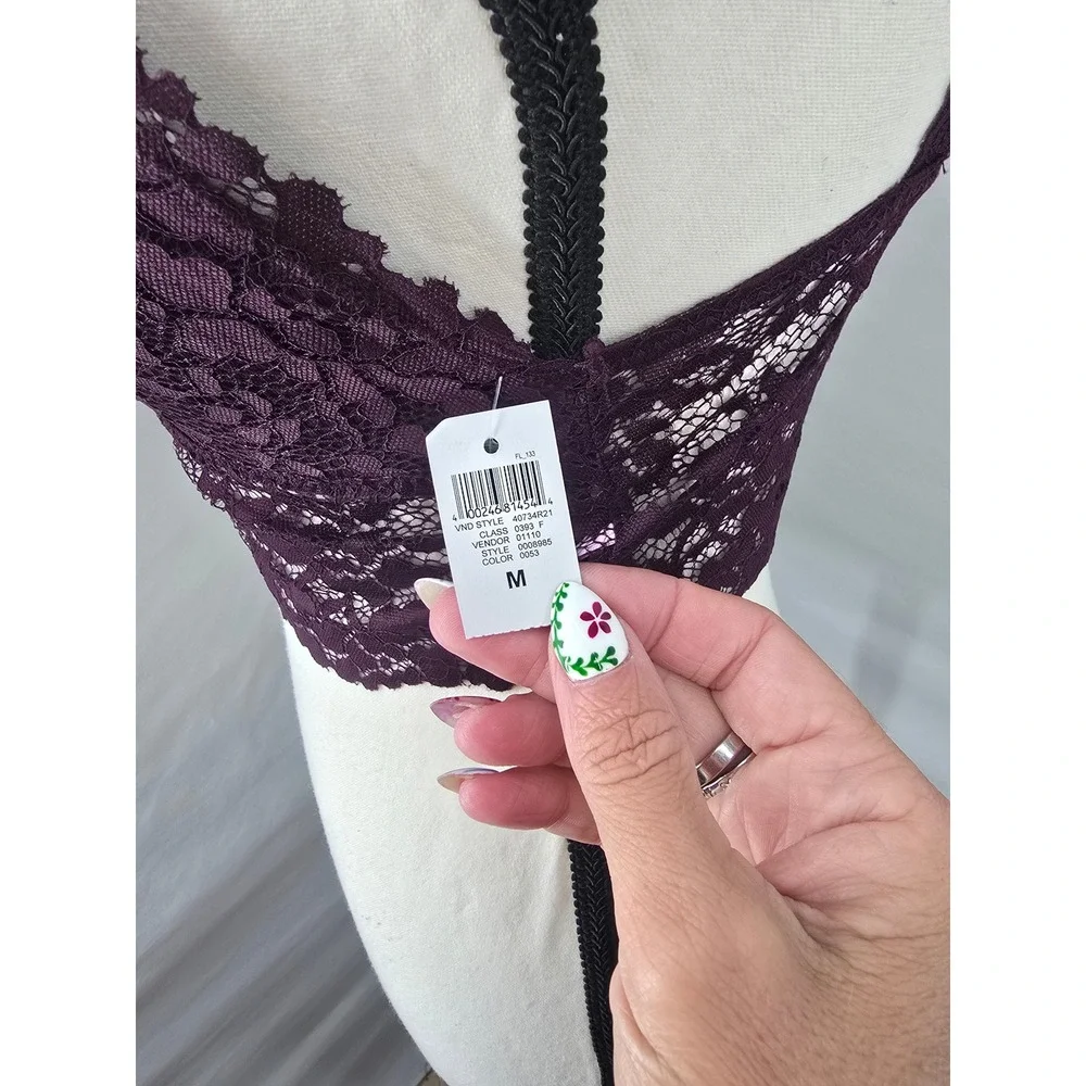 New Free People Adella Lace Bralette Plum Purple V-Neck Longline Boho Medium